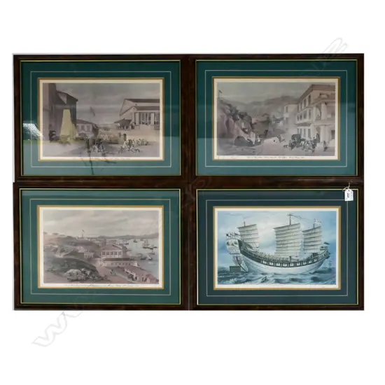 THREE FRAMED PRINTS, C. 1846 & 1 CHINESE JUNK PRINT, 370 X 460MM