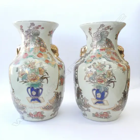 PAIR LARGE SATSUMA HAND PAINTED FLOOR VASES, H. 365MM