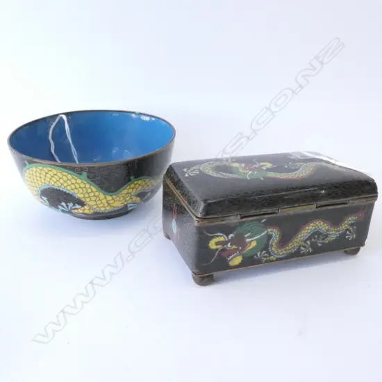 2 PCES CLOISONNE LIDDED BOX AND BOWL 110MM DIA