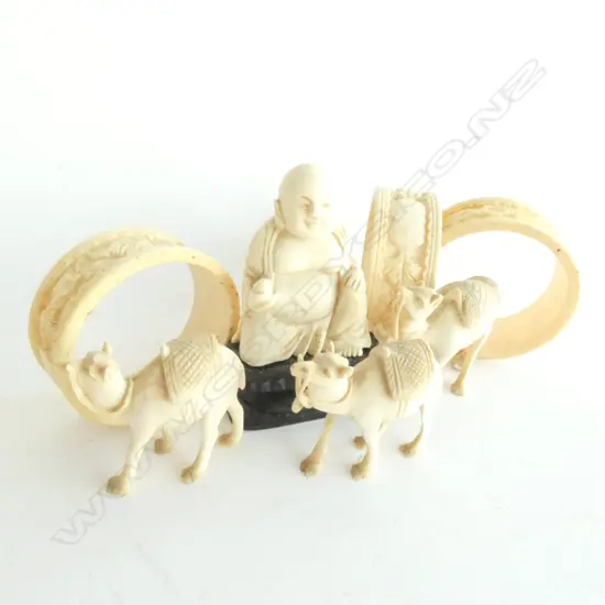 3 BONE NAPKIN RINGS/3 IVORY CAMELS/SMALL IVORY BUDDHA ON STAND