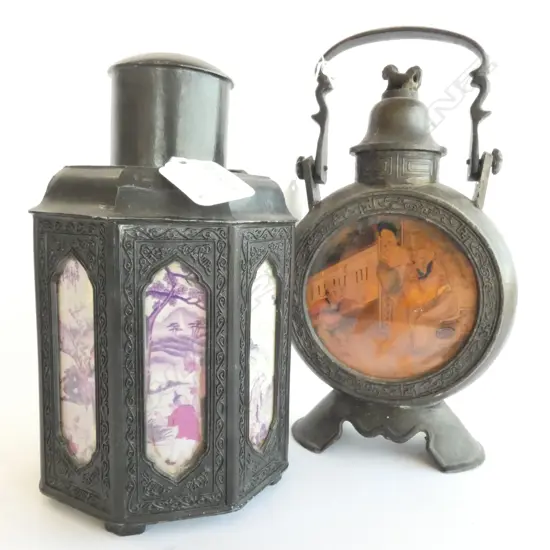 CHINESE OCTAGONAL PEWTER TEA CADDY & PEWTER TEAPOT, BOTH WITH GLAZED PANELS SET w PRINTS