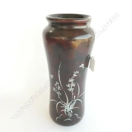 JAPANESE WOODEN VASE, SHELL INLAY , H. 295MM