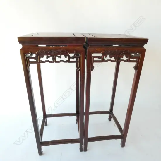 PR CHINESE ROSEWOOD VASE TABLES, (very small loss to carving). H.535mm