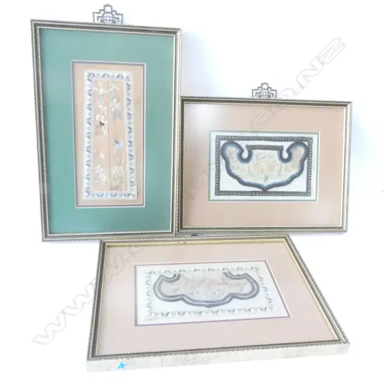 THREE ORIENTAL FRAMED EMBROIDERED SILKS, LARGEST 250 X 120MM