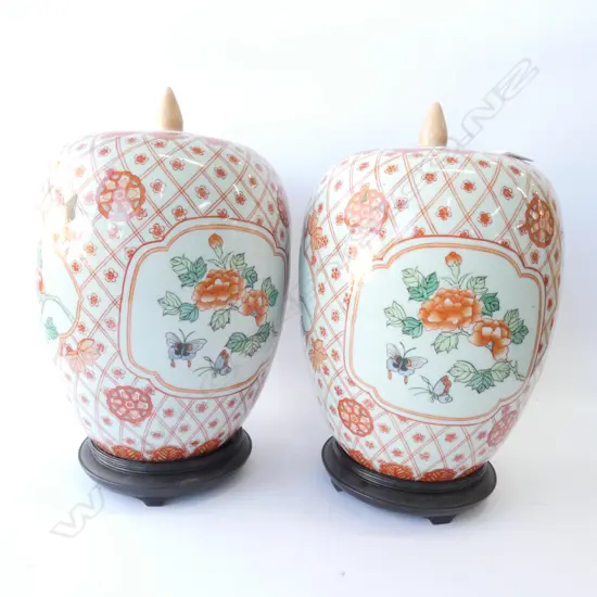 PR CHINESE PORCELAIN OVOID JARS w LIDS & WOODEN STANDS. H.370mm