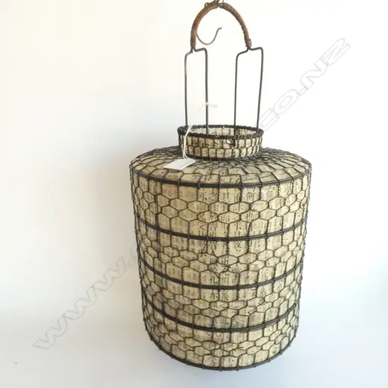 CHINESE RICE PAPER & WIRE LANTERN ON WOODEN BASE, CUSTOM WAX SEAL, H. 480MM 