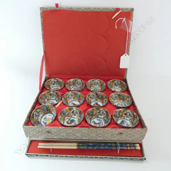 PAIR CLOISONNE CHOPSTICKS & BOX 12 MINIATURE TEA CUPS, W. 47MM