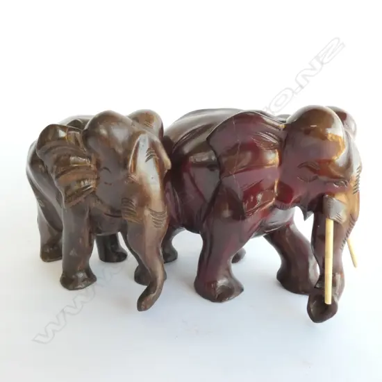 PAIR CARVED WOODEN ELEPHANTS, 1 WITH IVORY TUSKS, LARGEST H. 180MM
