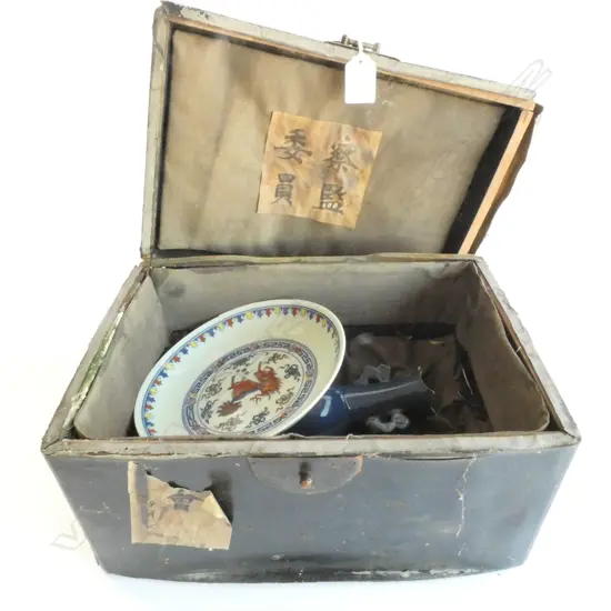 OLD ORIENTAL LIDDED BOX (W. 320MM) WITH BOWL & VASE, ALL FAULTED