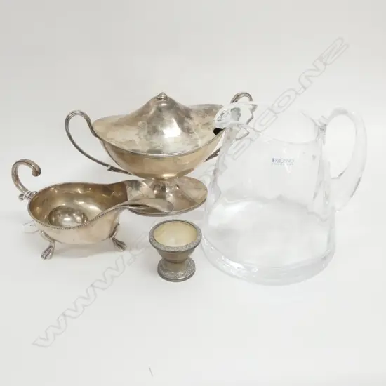 SILVER PLATE LIDDED SAUCE DISH (HANDLE MISSING ON LID), GRAVY BOAT & SPOON, SM CANDLE PIECE & GLASS KROSNO WATER JUG 