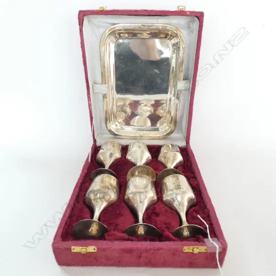 BOXED SET OF 6 WINE GOBLETS & TRAY. SILVER PLATE?