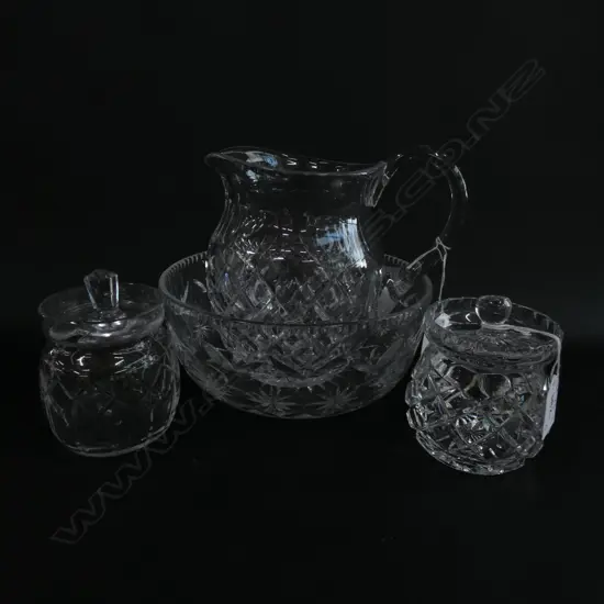 CUT GLASS BOWL, DIA. 200MM JUG & 2 LIDDED JAM POTS