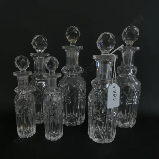 6 CRYSTAL BOTTLES; 3 PAIRS