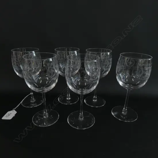 SET OF SIX VAL ST. LAMBERT BELGIUM CRYSTAL FLEUR DE LIS ETCHED WINE GLASSES, H. 153MM, BOXED