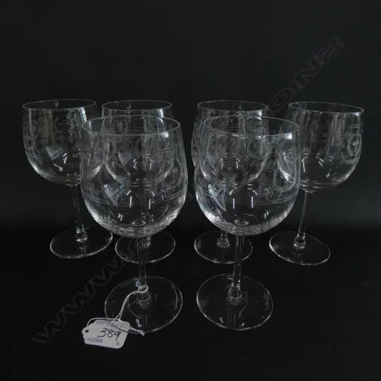 SET OF SIX VAL ST. LAMBERT BELGIUM CRYSTAL FLEUR DE LIS ETCHED WINE GLASSES, H. 160MM, BOXED