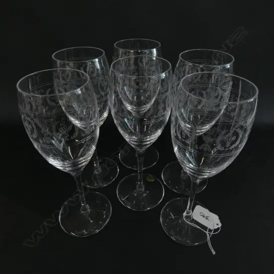 SIX VAL ST. LAMBERT BELGIUM CRYSTAL FLEUR DE LIS ETCHED CHAMPAGNE FLUTES, H. 185MM, BOXED