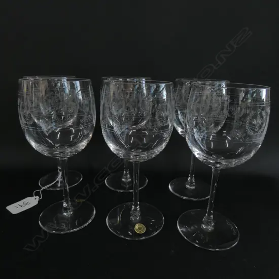 SET OF SIX VAL ST. LAMBERT BELGIUM CRYSTAL FLEUR DE LIS ETCHED WINE GLASSES, H 155MM, BOXED