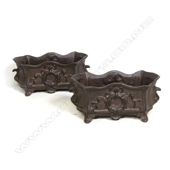 PAIR SMALL CAST IRON GARDEN PLANTERS RUSTED BLACK FINISH
