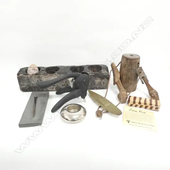 WOODEN COW BELL, WOODEN CANDLHOLDER, & ODDS