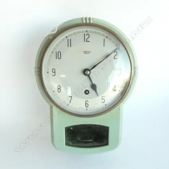 SMITHS ENFIELD GREEN ENAMEL WALL CLOCK & KEY, C1950'S, H. 260MM