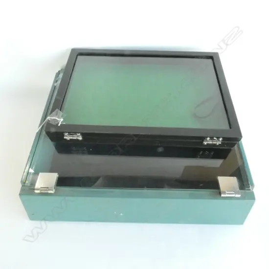 TWO GLASS FRONT DISPLAY BOXES, W. 405 X 355MM