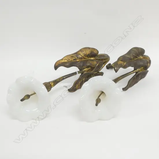 PR ART NOUVEAU WHITE GLASS & GOLD PAINTED METAL LILY WALL SCONCES, L 310MM
