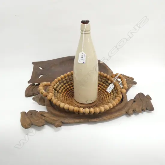 WOODEN BEAD BASKET, 2 WOOD TRAYS; FISH & TURTLE (L 500MM) & STONEWARE BOTTLE, L. 270MM