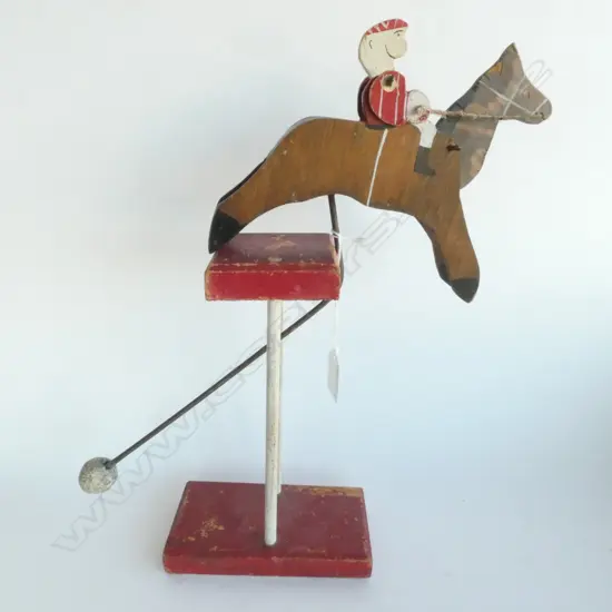 OLD WOODEN HORSE & JOCKEY BALANCE TOY, H. 390MM