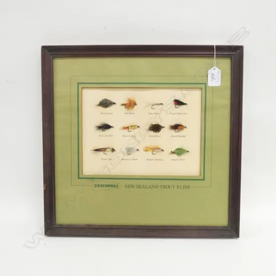 FRAMED 'KILWELL NEW ZEALAND TROUT FLIES' SHOP DISPLAY, 370 X 380MM