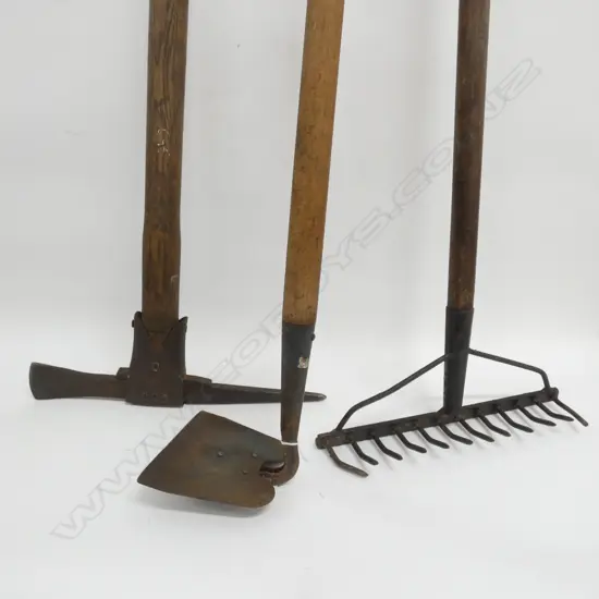 THREE OLD WOODEN HANDLED GARDEN TOOLS, PICK, RAKE & HOE
