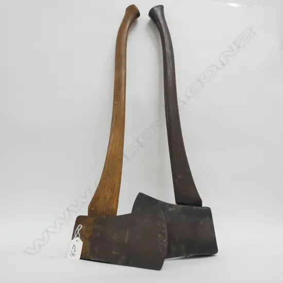 TWO WOODEN HANDLED AXES (ONE SWISS), EACH L. 770MM