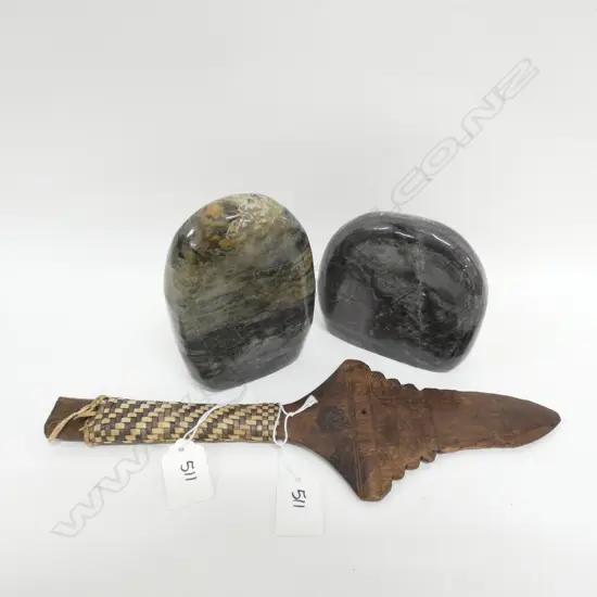 PAIR POLISHED STONES & WOODEN CARVED TRIBAL PIECE