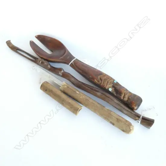 ONE AFRICAN, ONE MAORI CARVED WOODEN PCS PLUS CHEESE THERMOMETER