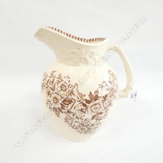 LARGE VINTAGE CREAM & BROWN TRANSFER EWER, CRAZED. H. 300MM