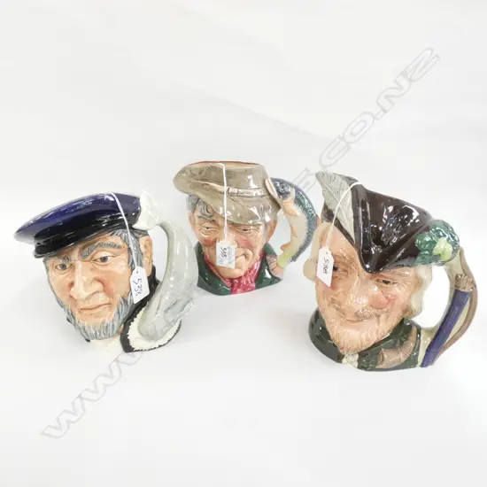 3 ROYAL DOULTON CHARACTER JUGS,ROBIN HOOD,CAPT AHAB,THE POACHER H 190 MM