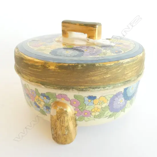 An Art Deco enamel painted lidded bowl by Edna Simmons of Whanganui