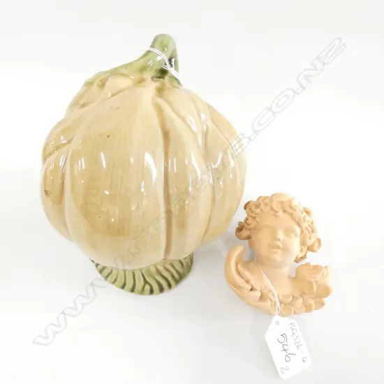 CERAMIC GOURD  (H. 180MM) & WOODEN CARVED ANGEL HEAD H. 90MM