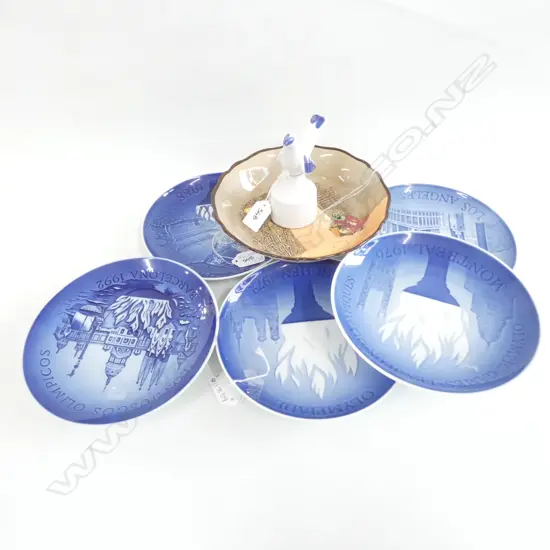 FOUR COPENHAGEN WALL PLATES + ROYAL WORCESTER FIGURINE + R/DOULTON BOWL