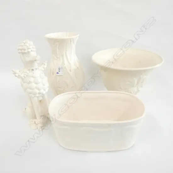 TWO ENGLISH WHITE VASES, H. 265MM, JARDINIERE & POODLE