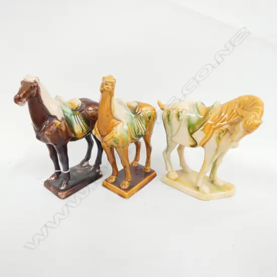 THREE TANG STYLE HORSE FIGURES, H. 150MM