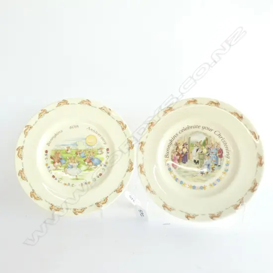 TWO ROYAL DOULTON BUNNYKINS PLATES; 60TH ANNIVERSARY & CHRISTENING, DIA. 205MM