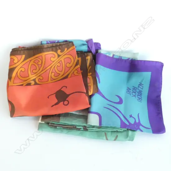 THREE SILK NZ MAORI ROCK ART SCARVES 