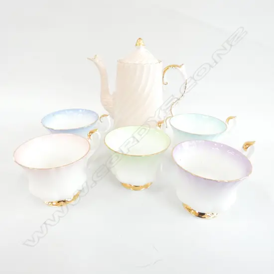 5 PCE R/ALBERT 'RAINBOW' CUPS, ANYSLEY COFFEE POT (CRACKED)