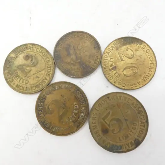 5 WAIRARAPA FARMERS CO-OPERATIVE COIN TOKENS 