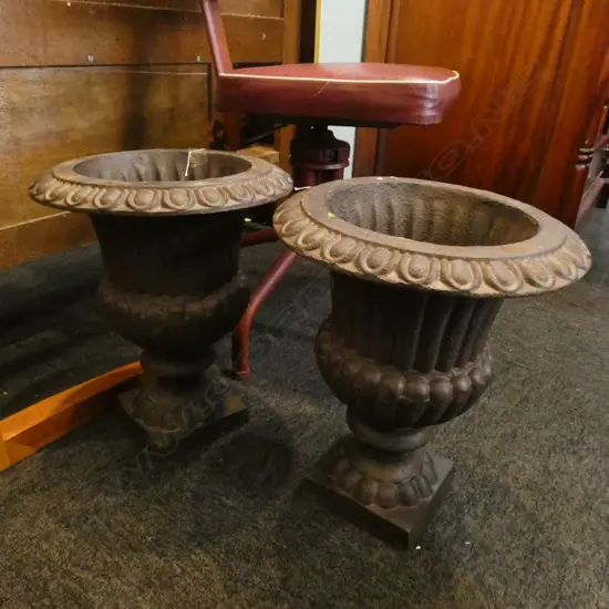 PAIR CAST IRON GARDEN URNS RUSTED BLACK FINISH