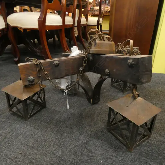 GERMAN WOODEN CROSS BEAM 4 LANTERN LIGHT FITTING, 700 X 700MM