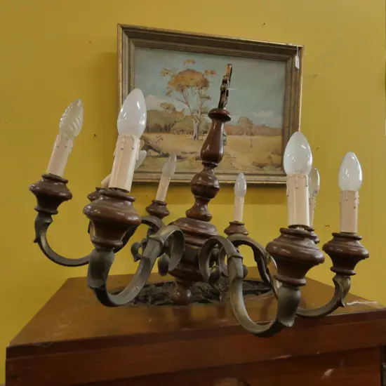 EIGHT ARM DUTCH STYLE BRASS ELECTRIC CANDLE LIGHT FITTING, W. 600MM