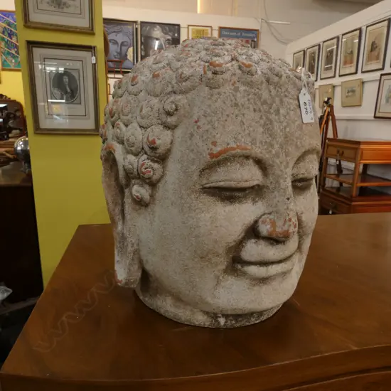 LARGE TERRACOTTA PAINTED BUDDHA HEAD, H.330MM