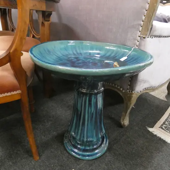 BIRD BATH IN RICH TURQUOISE BLUE GLAZE. H.580mm