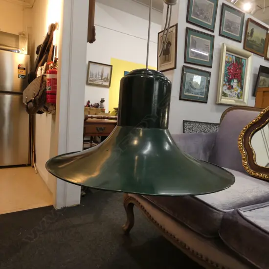 LARGE VINTAGE GREEN ENAMEL INDUSTRIAL CEILING LIGHT 585MM DIA
